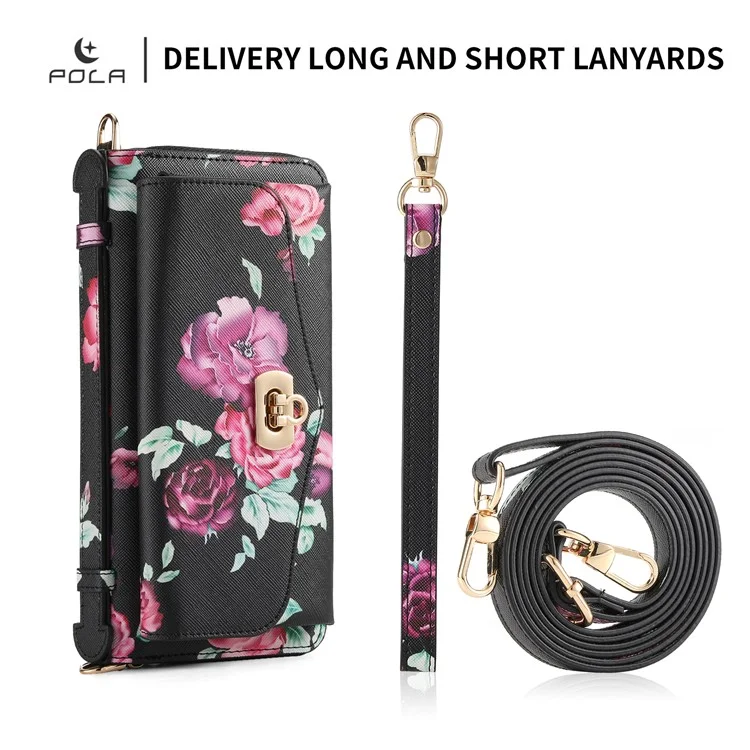 POLA Style 001 For iPhone 15 Pro Max Detachable Leather Wallet Case Flower Pattern RFID Blocking Phone Cover - Black