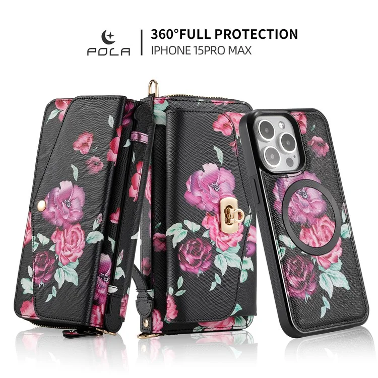 POLA Style 001 For iPhone 15 Pro Max Detachable Leather Wallet Case Flower Pattern RFID Blocking Phone Cover - Black