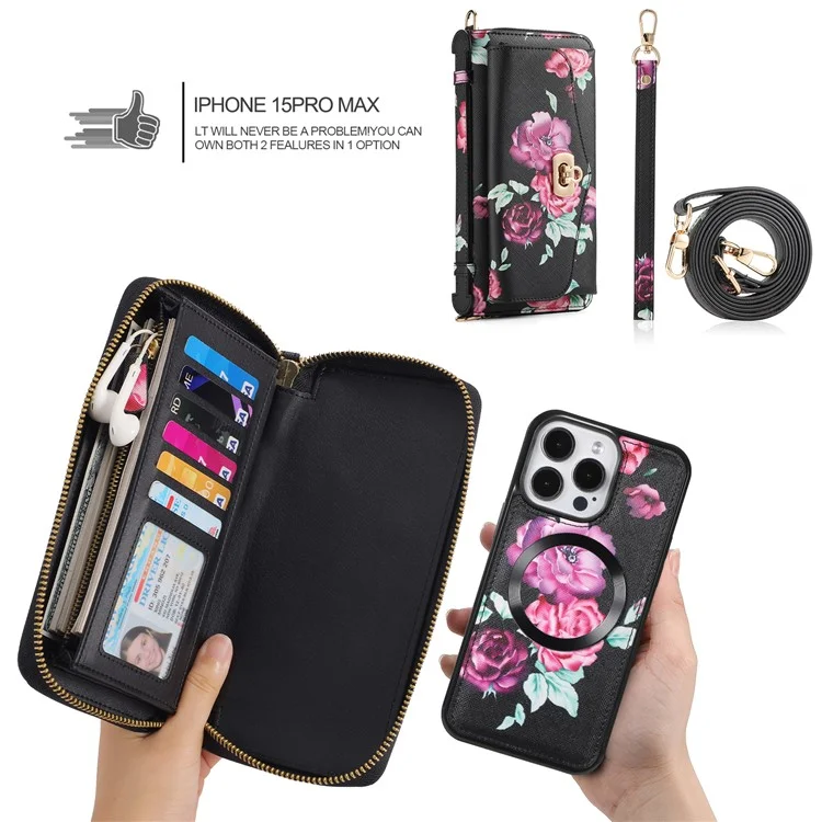 POLA Style 001 For iPhone 15 Pro Max Detachable Leather Wallet Case Flower Pattern RFID Blocking Phone Cover - Black