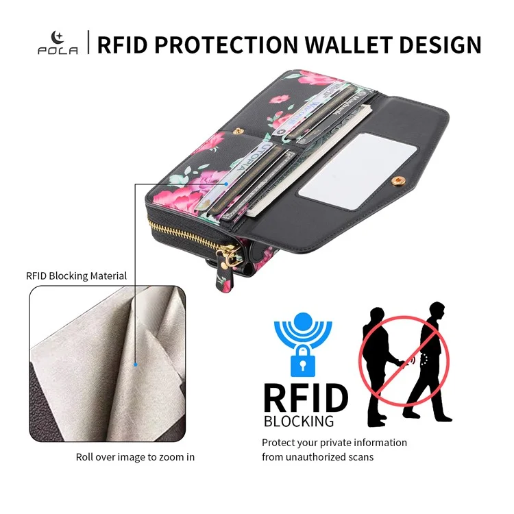 POLA Style 001 For iPhone 15 Pro Max Detachable Leather Wallet Case Flower Pattern RFID Blocking Phone Cover - Black