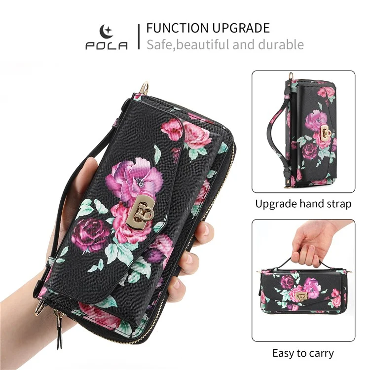 POLA Style 001 For iPhone 15 Pro Max Detachable Leather Wallet Case Flower Pattern RFID Blocking Phone Cover - Black