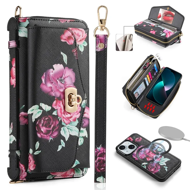 POLA Style 001 For iPhone 15 Plus Detachable Phone Case RFID Blocking Leather Wallet Flower Pattern Cover - Black