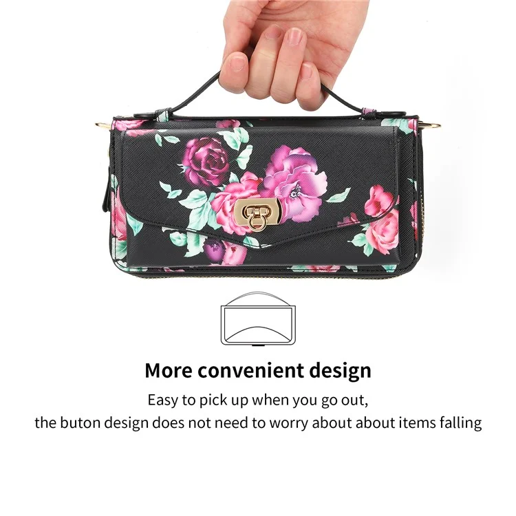 POLA Style 001 For iPhone 15 Plus Detachable Phone Case RFID Blocking Leather Wallet Flower Pattern Cover - Black