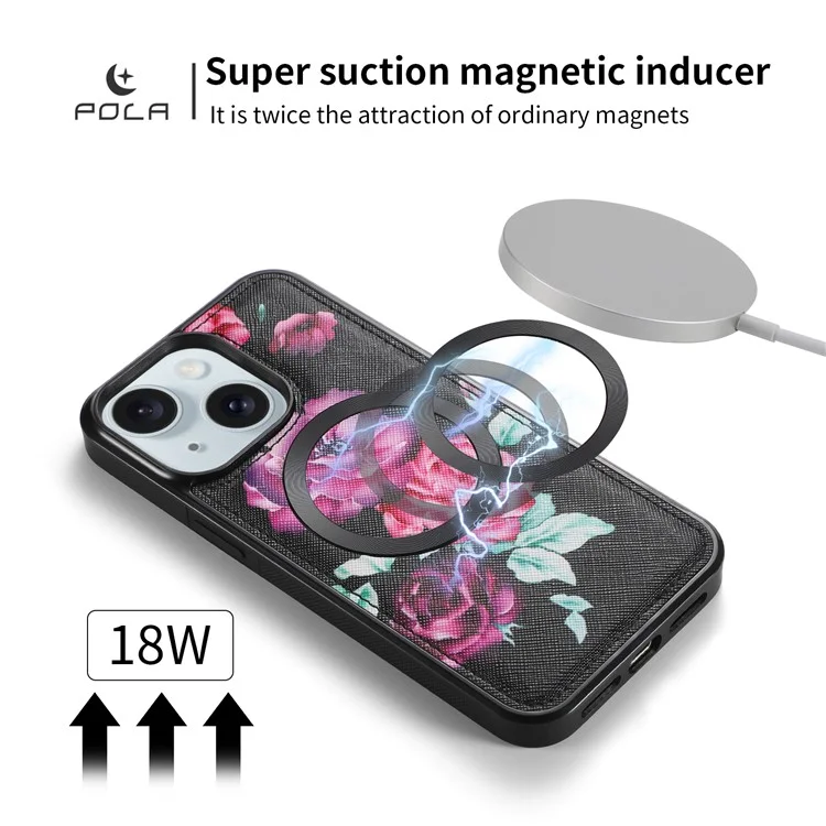 POLA Style 001 For iPhone 15 Plus Detachable Phone Case RFID Blocking Leather Wallet Flower Pattern Cover - Black