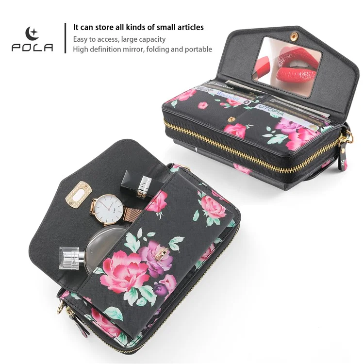 POLA Style 001 For iPhone 15 Plus Detachable Phone Case RFID Blocking Leather Wallet Flower Pattern Cover - Black