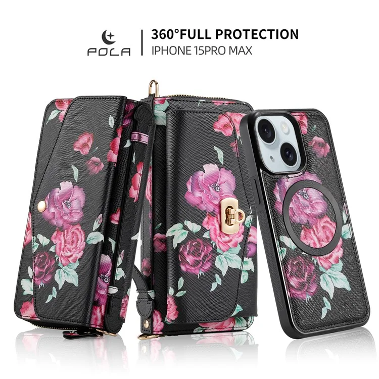 POLA Style 001 For iPhone 15 Plus Detachable Phone Case RFID Blocking Leather Wallet Flower Pattern Cover - Black