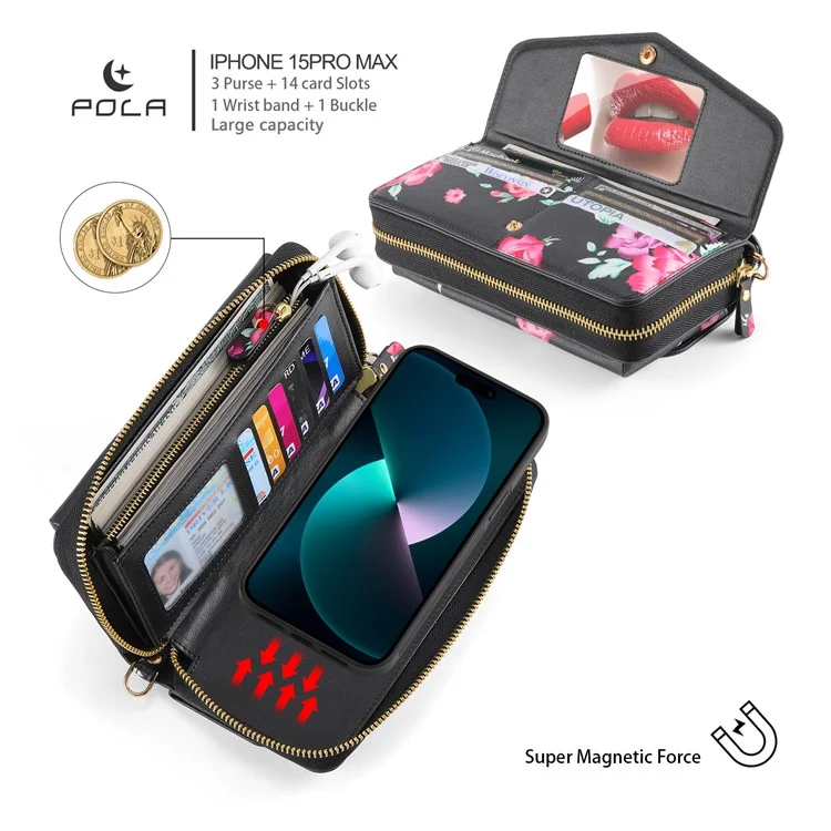 POLA Style 001 For iPhone 15 Plus Detachable Phone Case RFID Blocking Leather Wallet Flower Pattern Cover - Black