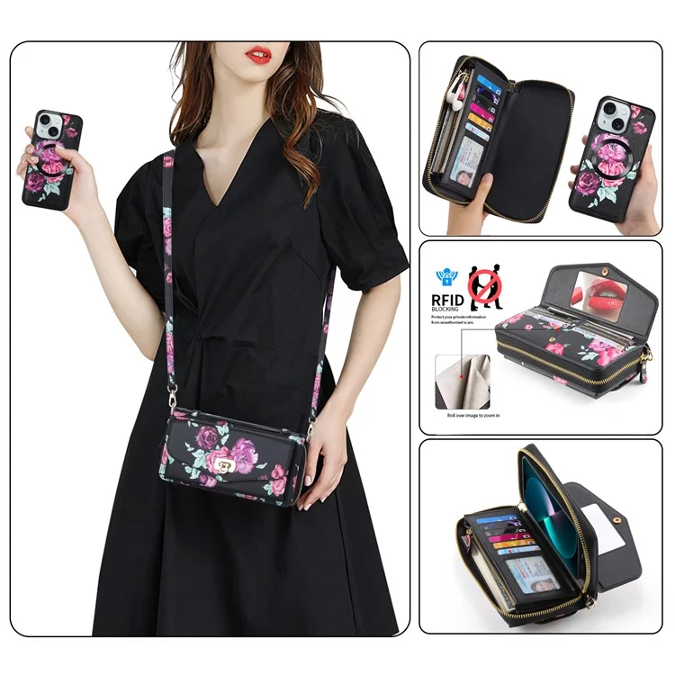POLA Style 001 For iPhone 15 Plus Detachable Phone Case RFID Blocking Leather Wallet Flower Pattern Cover - Black