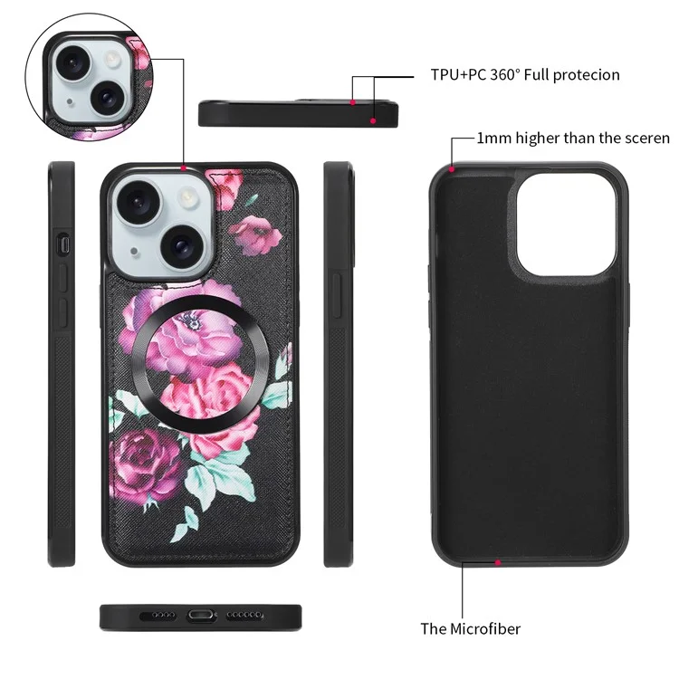 POLA Style 001 For iPhone 15 Plus Detachable Phone Case RFID Blocking Leather Wallet Flower Pattern Cover - Black