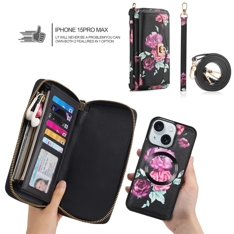 POLA Style 001 For iPhone 15 Plus Detachable Phone Case RFID Blocking Leather Wallet Flower Pattern Cover - Black