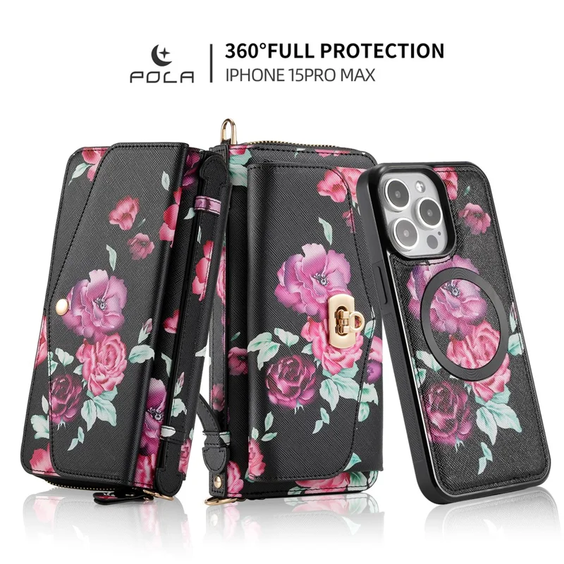 POLA Style 001 Per iPhone 15 Pro Custodia in pelle PU Portafoglio con motivo floreale RFID Blocking Custodia telefonica staccabile - Nero