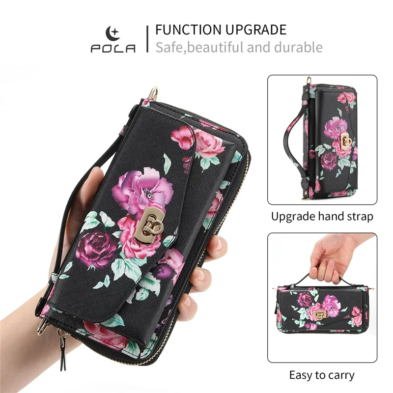 POLA Style 001 Per iPhone 15 Pro Custodia in pelle PU Portafoglio con motivo floreale RFID Blocking Custodia telefonica staccabile - Nero