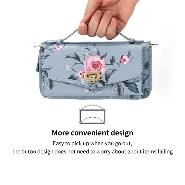 POLA Style 001 Para iPhone 15 Pro Funda de cartera de piel sintética con estampado de flores RFID Blocking Funda de teléfono desmontable - Azul