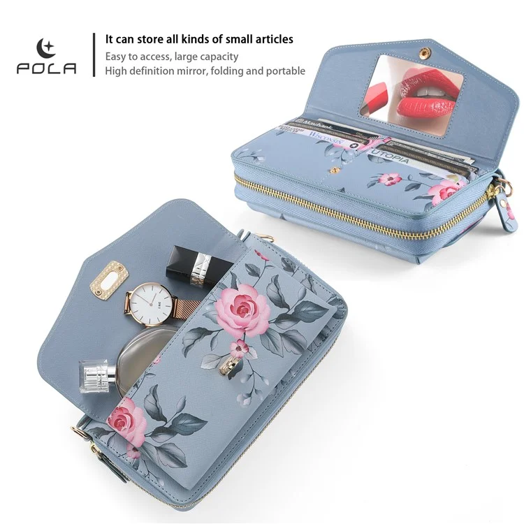 POLA Style 001 Para iPhone 15 Pro Funda de cartera de piel sintética con estampado de flores RFID Blocking Funda de teléfono desmontable - Azul