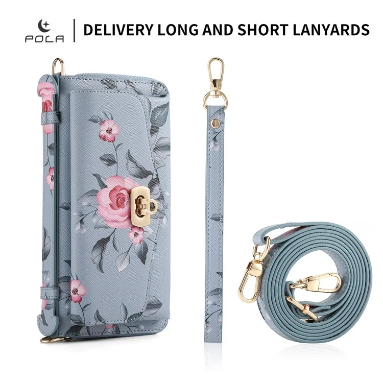 POLA Style 001 Para iPhone 15 Pro Funda de cartera de piel sintética con estampado de flores RFID Blocking Funda de teléfono desmontable - Azul