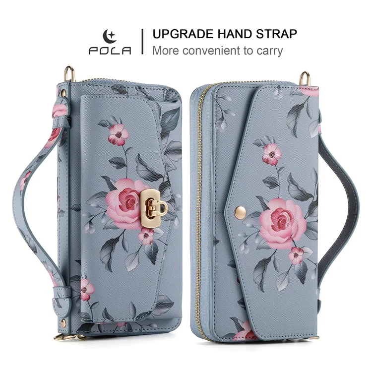 POLA Style 001 Para iPhone 15 Pro Funda de cartera de piel sintética con estampado de flores RFID Blocking Funda de teléfono desmontable - Azul
