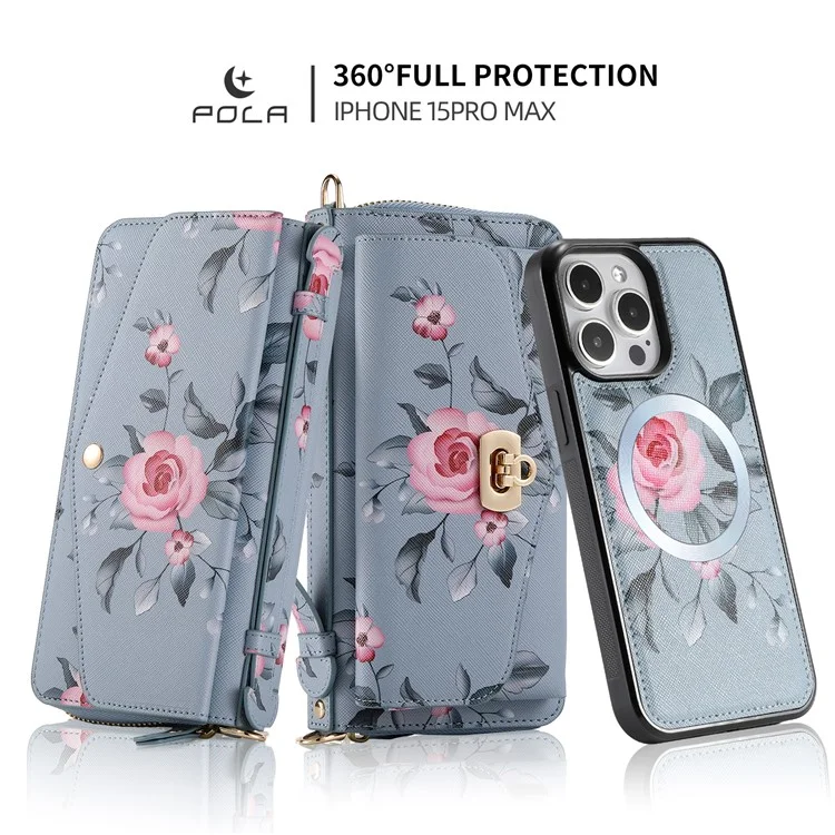 POLA Style 001 Para iPhone 15 Pro Funda de cartera de piel sintética con estampado de flores RFID Blocking Funda de teléfono desmontable - Azul