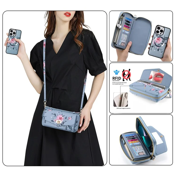 POLA Style 001 Para iPhone 15 Pro Funda de cartera de piel sintética con estampado de flores RFID Blocking Funda de teléfono desmontable - Azul