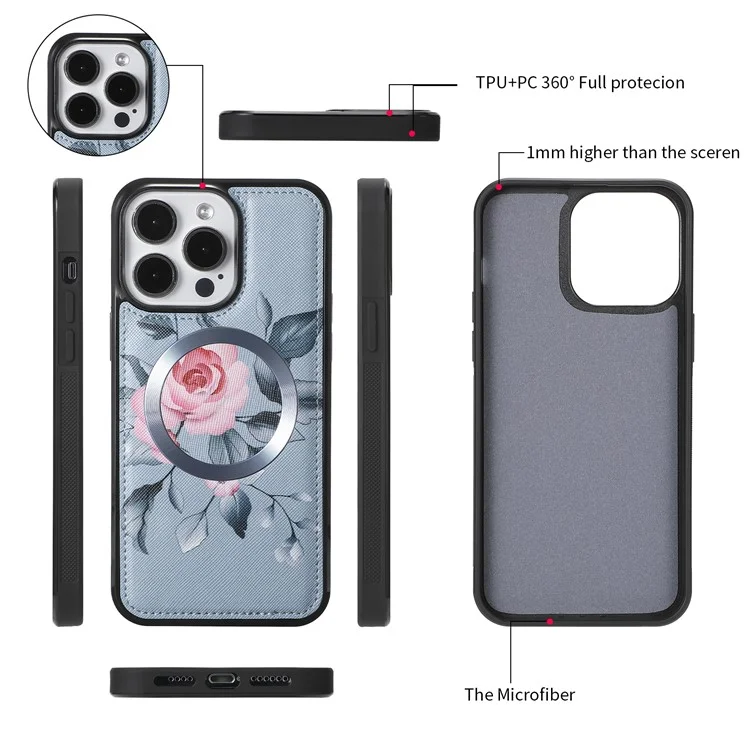 POLA Style 001 Para iPhone 15 Pro Funda de cartera de piel sintética con estampado de flores RFID Blocking Funda de teléfono desmontable - Azul
