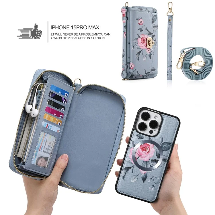 POLA Style 001 Para iPhone 15 Pro Funda de cartera de piel sintética con estampado de flores RFID Blocking Funda de teléfono desmontable - Azul