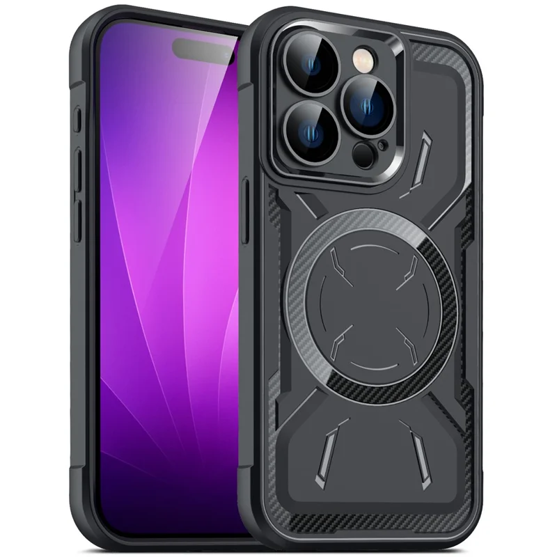 For iPhone 15 Pro Max Magnetic Phone Case TPU + PC Shock Absorbing Cover with Camera Lens Film - Black