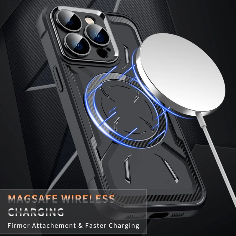 For iPhone 15 Pro Max Magnetic Phone Case TPU + PC Shock Absorbing Cover with Camera Lens Film - Black