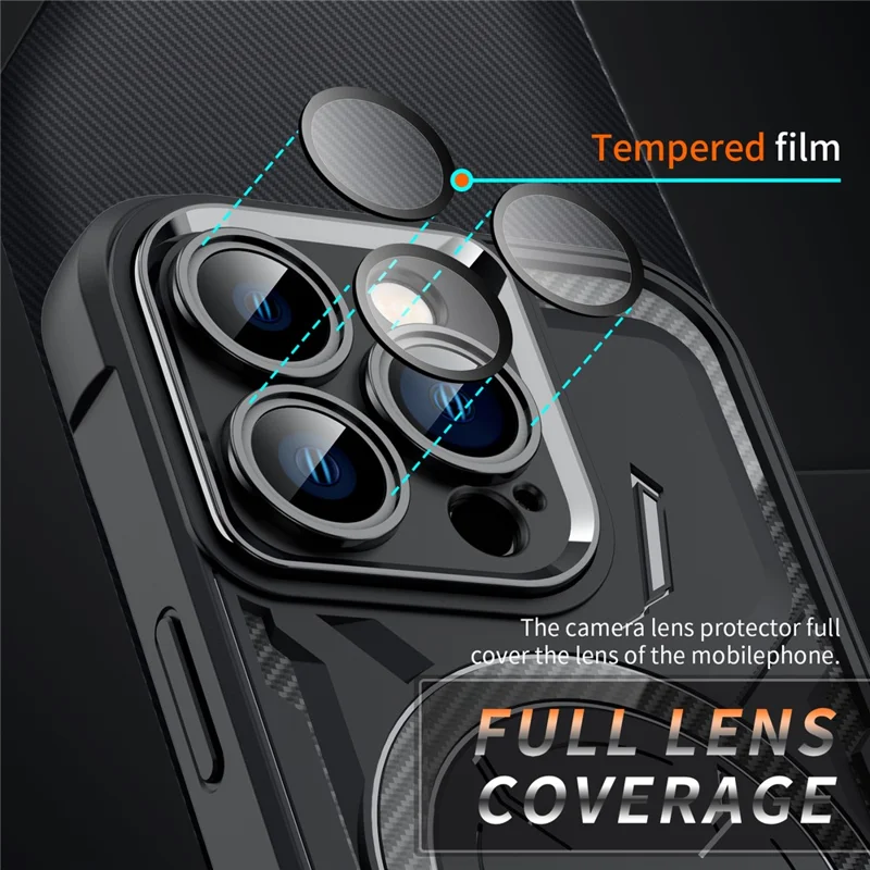 For iPhone 15 Pro Max Magnetic Phone Case TPU + PC Shock Absorbing Cover with Camera Lens Film - Black