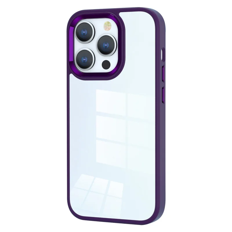 Crystal Clear PC+TPU Case for iPhone 15 Shockproof Slim Phone Cover with Metal Lens Frame - Dark Purple