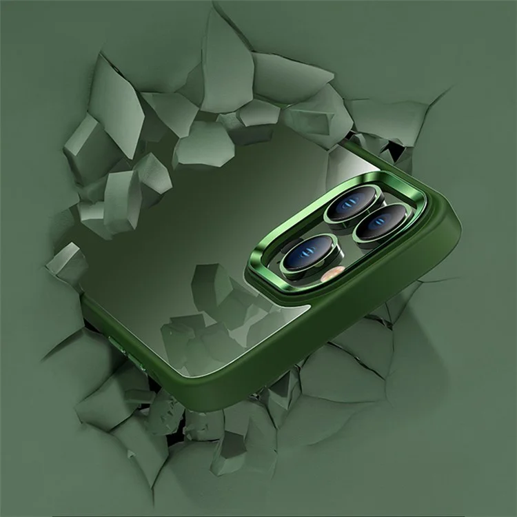 Anti-Scratch Phone Case for iPhone 15 Pro Max Slim Clear PC+TPU Phone Shell with Metal Lens Frame - Green