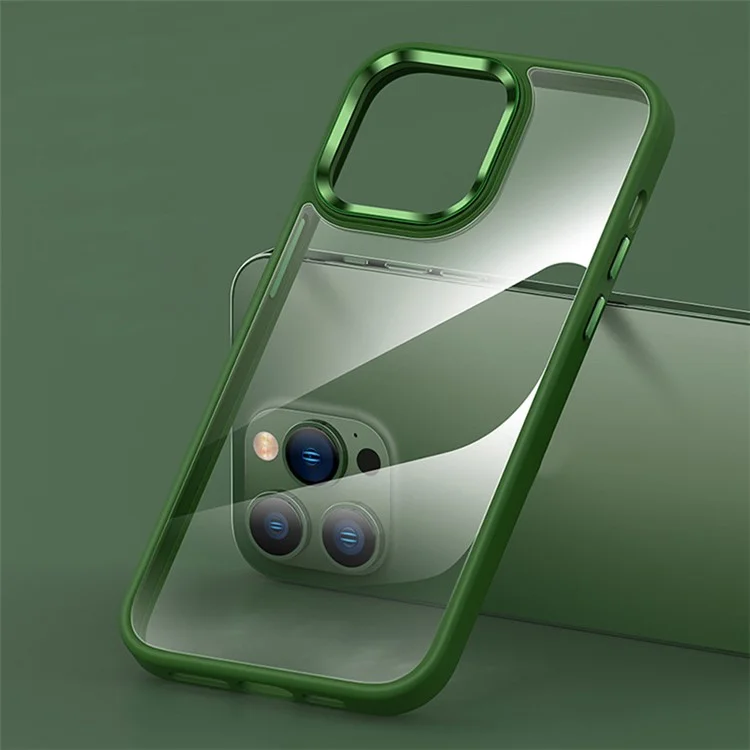 Anti-Scratch Phone Case for iPhone 15 Pro Max Slim Clear PC+TPU Phone Shell with Metal Lens Frame - Green