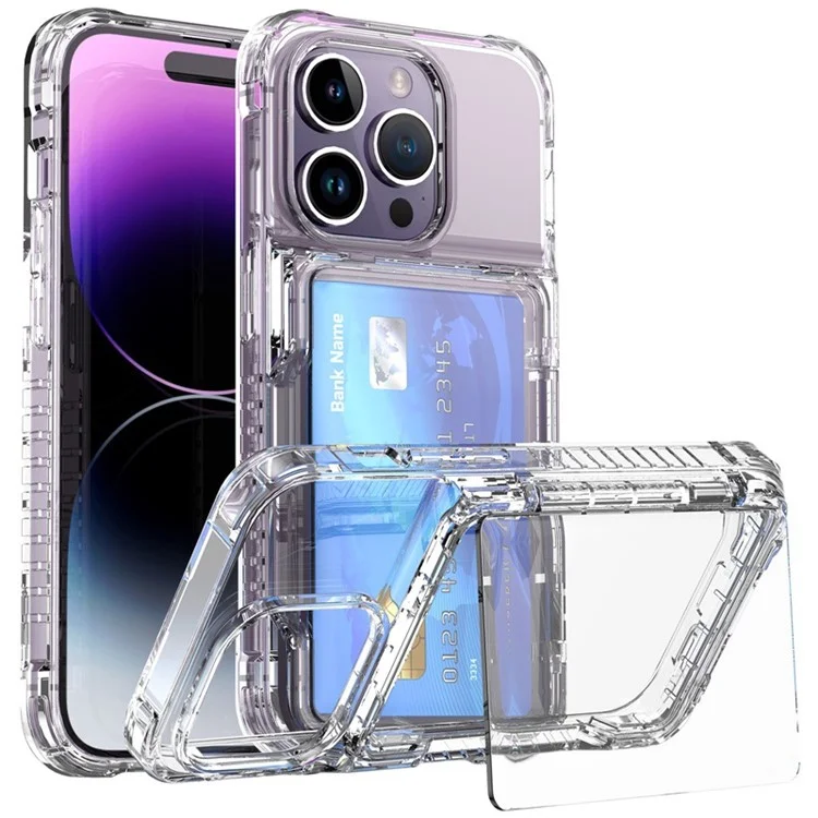 For iPhone 15 Plus Transparent Phone Cover Dustproof PC + TPU Phone Case with Kickstand Card Holder - Transparent