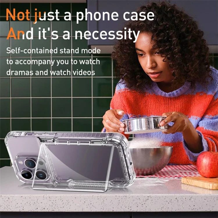 For iPhone 15 Plus Transparent Phone Cover Dustproof PC + TPU Phone Case with Kickstand Card Holder - Transparent