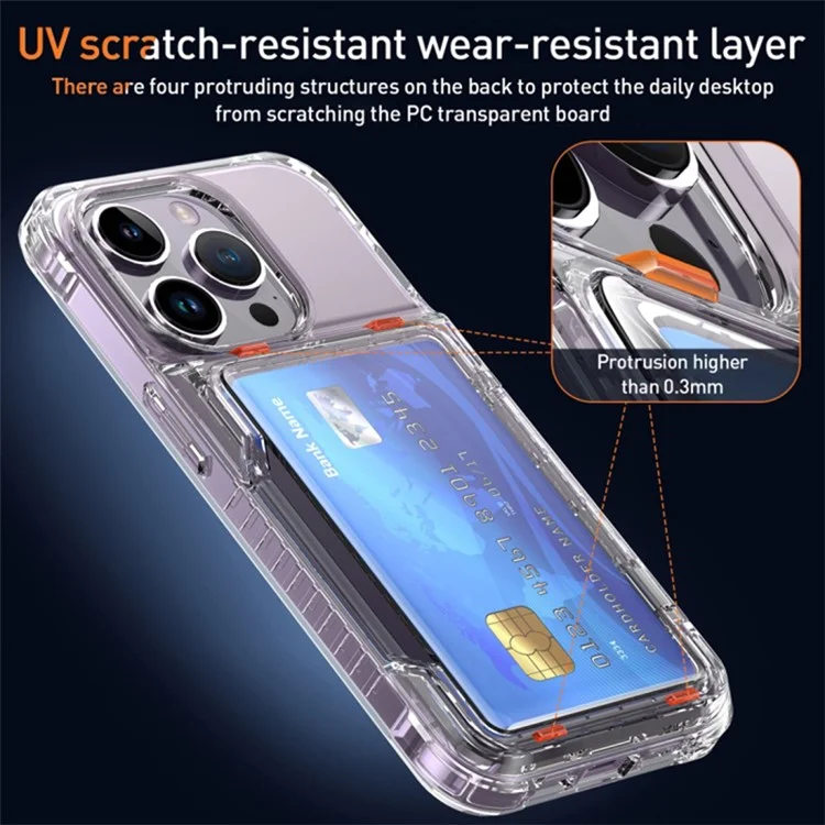 For iPhone 15 Plus Transparent Phone Cover Dustproof PC + TPU Phone Case with Kickstand Card Holder - Transparent