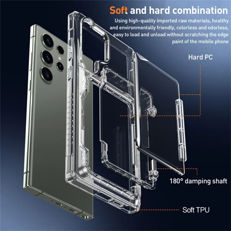 For Samsung Galaxy S23 Ultra Phone Cover Case Clear PC + TPU Phone Shell with Kickstand Card Holder - Transparent Black
