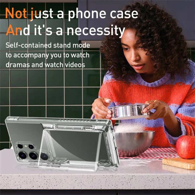 For Samsung Galaxy S23 Ultra Phone Cover Case Clear PC + TPU Phone Shell with Kickstand Card Holder - Transparent Black