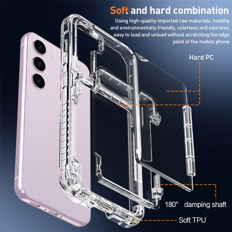 For Samsung Galaxy S23+ Clear PC + TPU Phone Cover Dustproof Mobile Phone Case with Kickstand Card Holder - Transparent Black