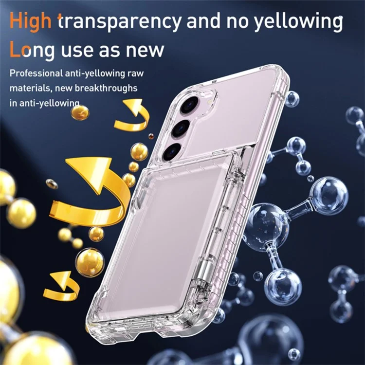 For Samsung Galaxy S23+ Clear PC + TPU Phone Cover Dustproof Mobile Phone Case with Kickstand Card Holder - Transparent Black