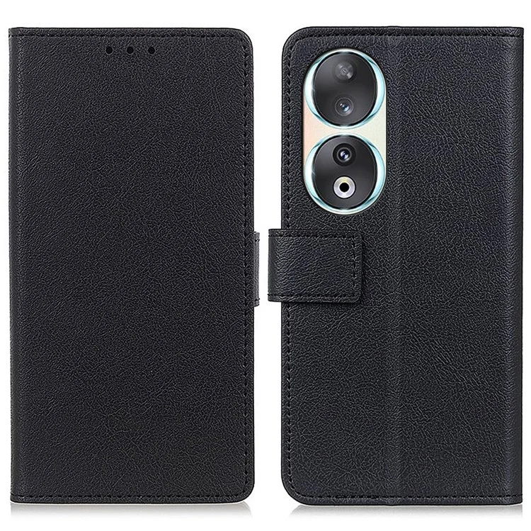 Para Honor 90 Textured Phone Case PU Leather Wallet Stand Shockproof Protective Cover - Black