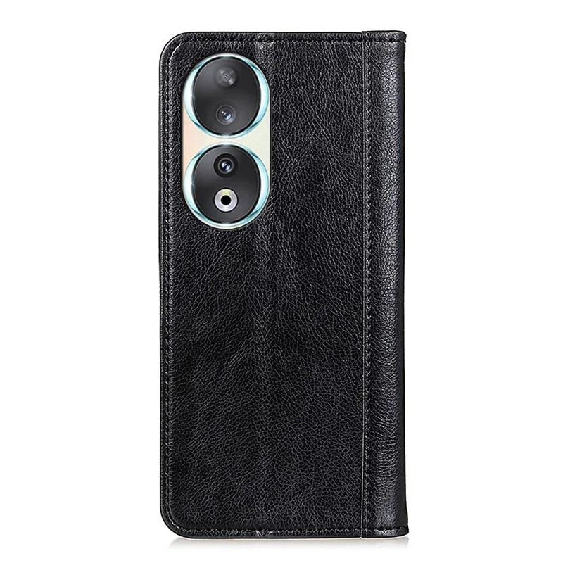 Per Honor 90 Phone Case Shell Litchi Texture Split Leather Flip Wallet Stand Cover - Nero