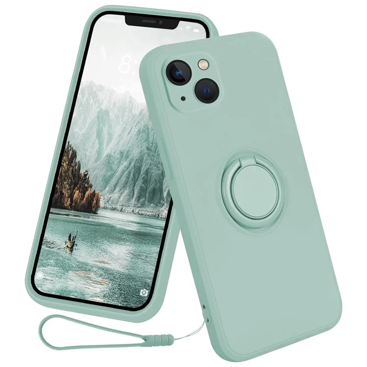 For iPhone 15 Ring Kickstand Phone Case Liquid Silicone Shockproof Cover with Hand Strap - Cyan