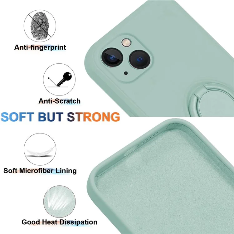For iPhone 15 Ring Kickstand Phone Case Liquid Silicone Shockproof Cover with Hand Strap - Cyan