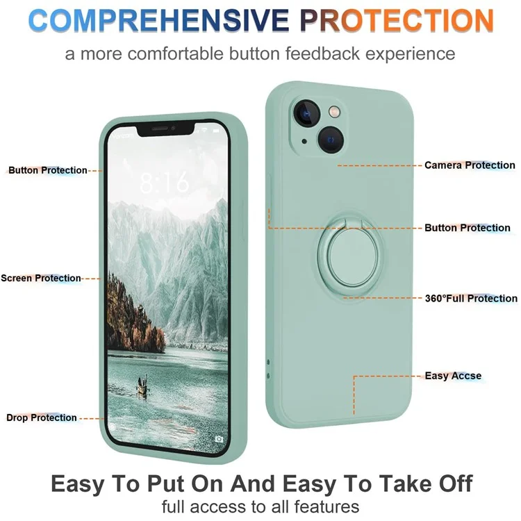 For iPhone 15 Ring Kickstand Phone Case Liquid Silicone Shockproof Cover with Hand Strap - Cyan