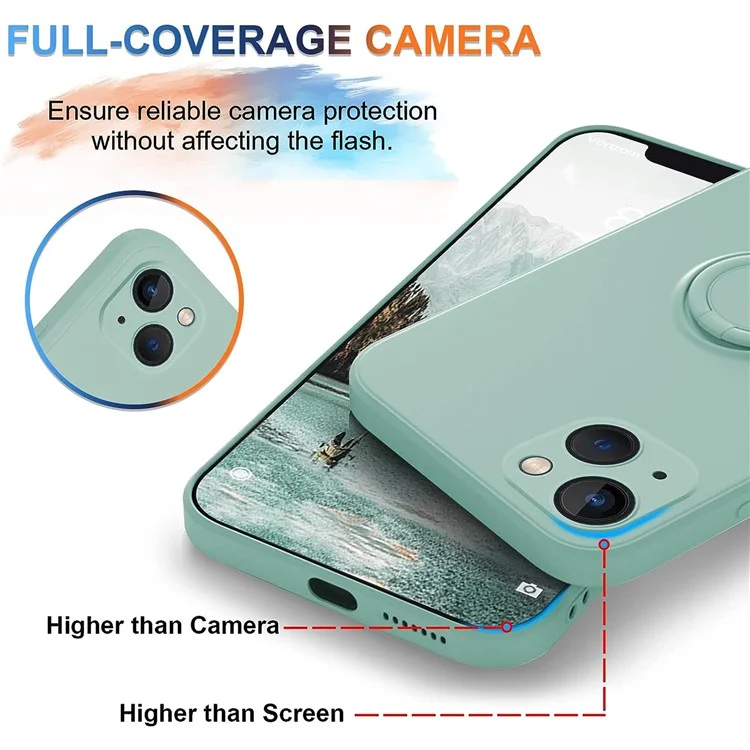 For iPhone 15 Ring Kickstand Phone Case Liquid Silicone Shockproof Cover with Hand Strap - Cyan