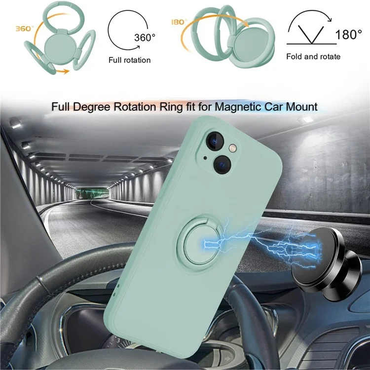For iPhone 15 Ring Kickstand Phone Case Liquid Silicone Shockproof Cover with Hand Strap - Cyan
