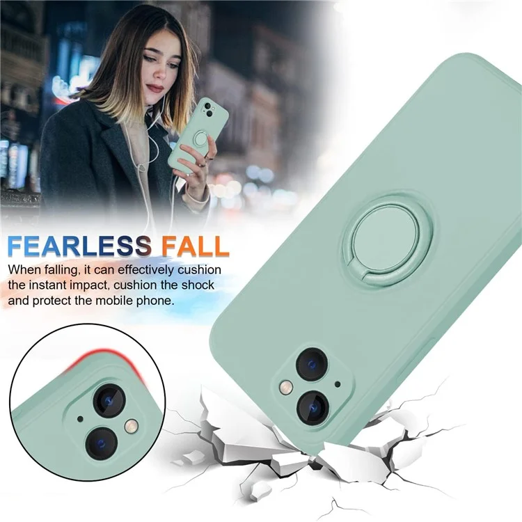 For iPhone 15 Ring Kickstand Phone Case Liquid Silicone Shockproof Cover with Hand Strap - Cyan