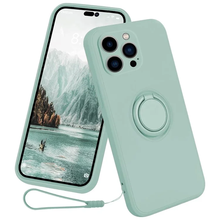 Pour iPhone 15 Pro Ring Kickstand Case Liquid Silicone Anti-scratch Phone Cover with Wrist Rope - Cyan