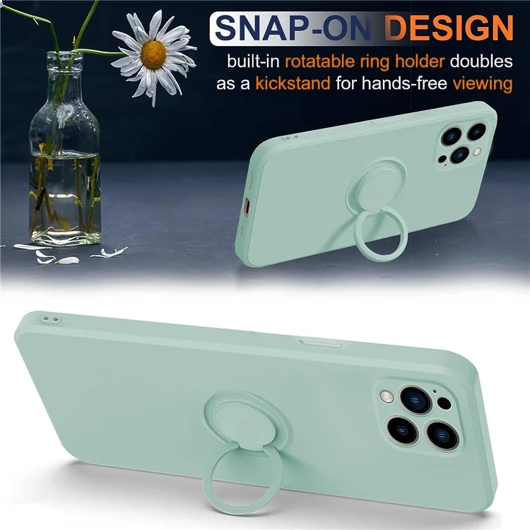 Pour iPhone 15 Pro Ring Kickstand Case Liquid Silicone Anti-scratch Phone Cover with Wrist Rope - Cyan