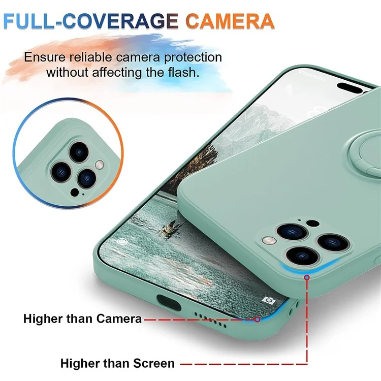 Pour iPhone 15 Pro Ring Kickstand Case Liquid Silicone Anti-scratch Phone Cover with Wrist Rope - Cyan