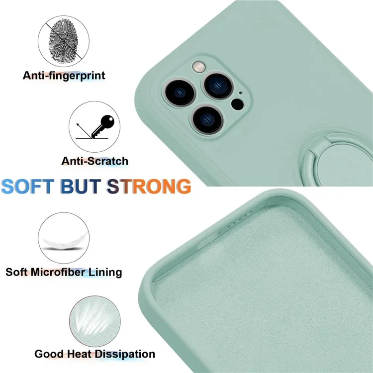 For iPhone 15 Pro Max Ring Kickstand Anti-drop Case Liquid Silicone Phone Cover with Lanyard - Cyan