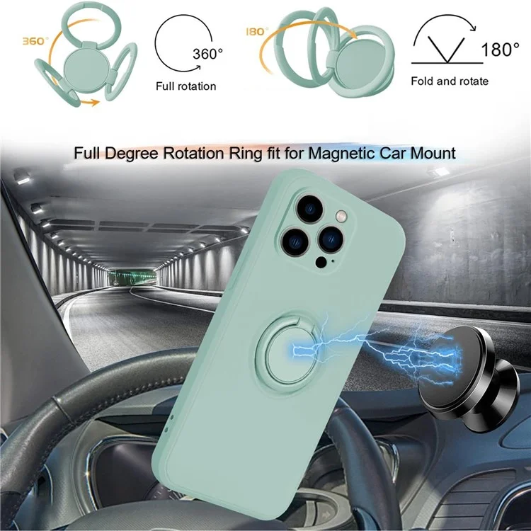 Para iPhone 15 Pro Max Ring Kickstand Anti-drop Case Liquid Silicone Phone Cover con Cordón - Cian